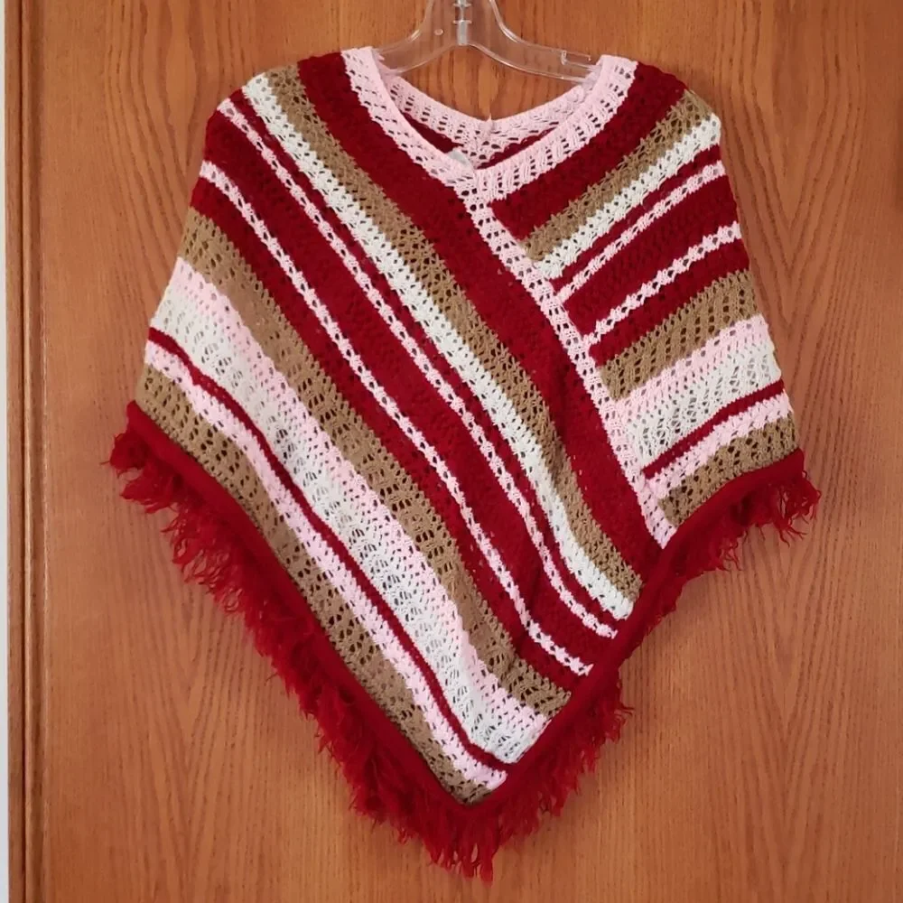 Pretty Knit Poncho Mauve Pink White Tan Sz 14/16